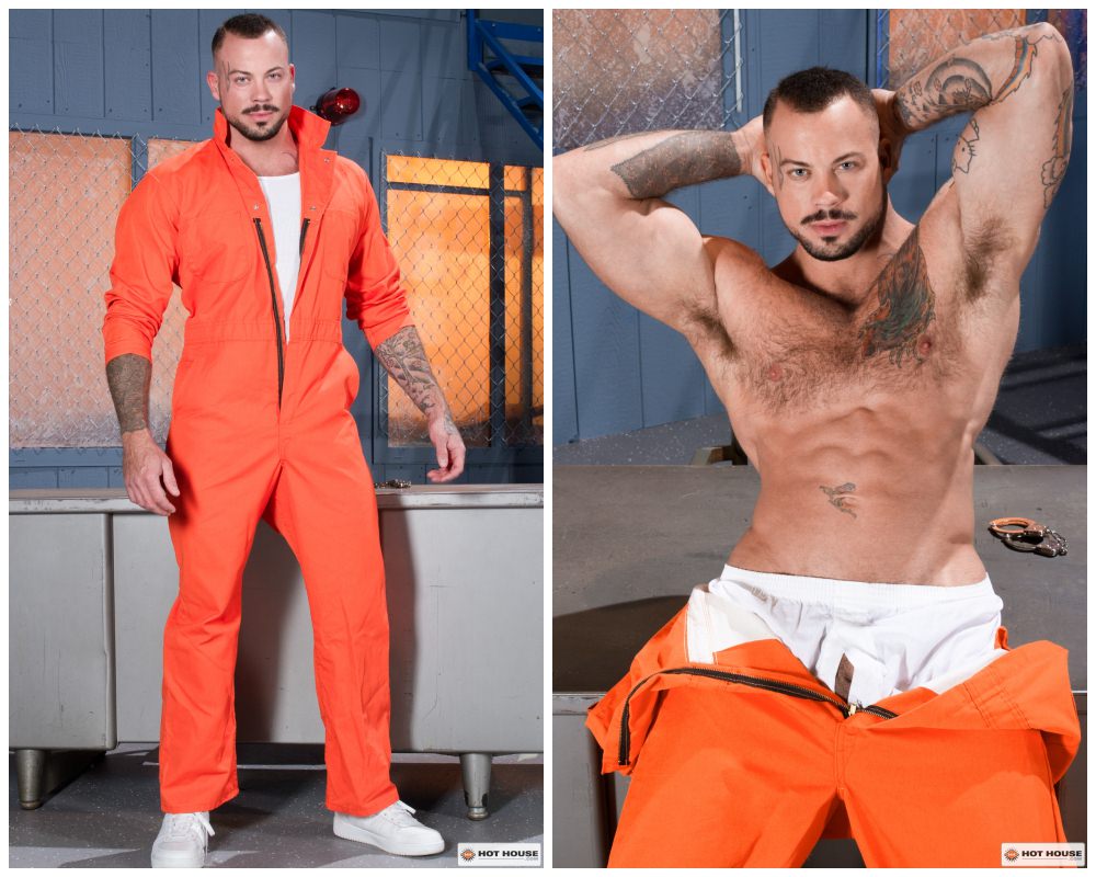 Muscly tattooed prison inmate Sean Duran fucking jail guard officer Bryan Bonds, hairy studs anal sex, gay porn fuck xxx1