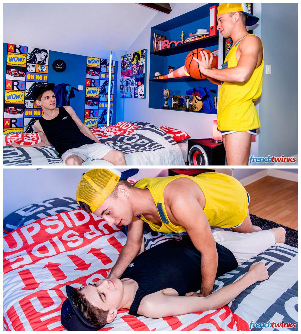 Horny sporty French twinks fucking on the bed, wearing shorts and baseball caps, kissing sucking uncut cock & shooting cum. Bottom boy Abel Lacourt & Baptiste Garcia anal sex gay porn xxx.1