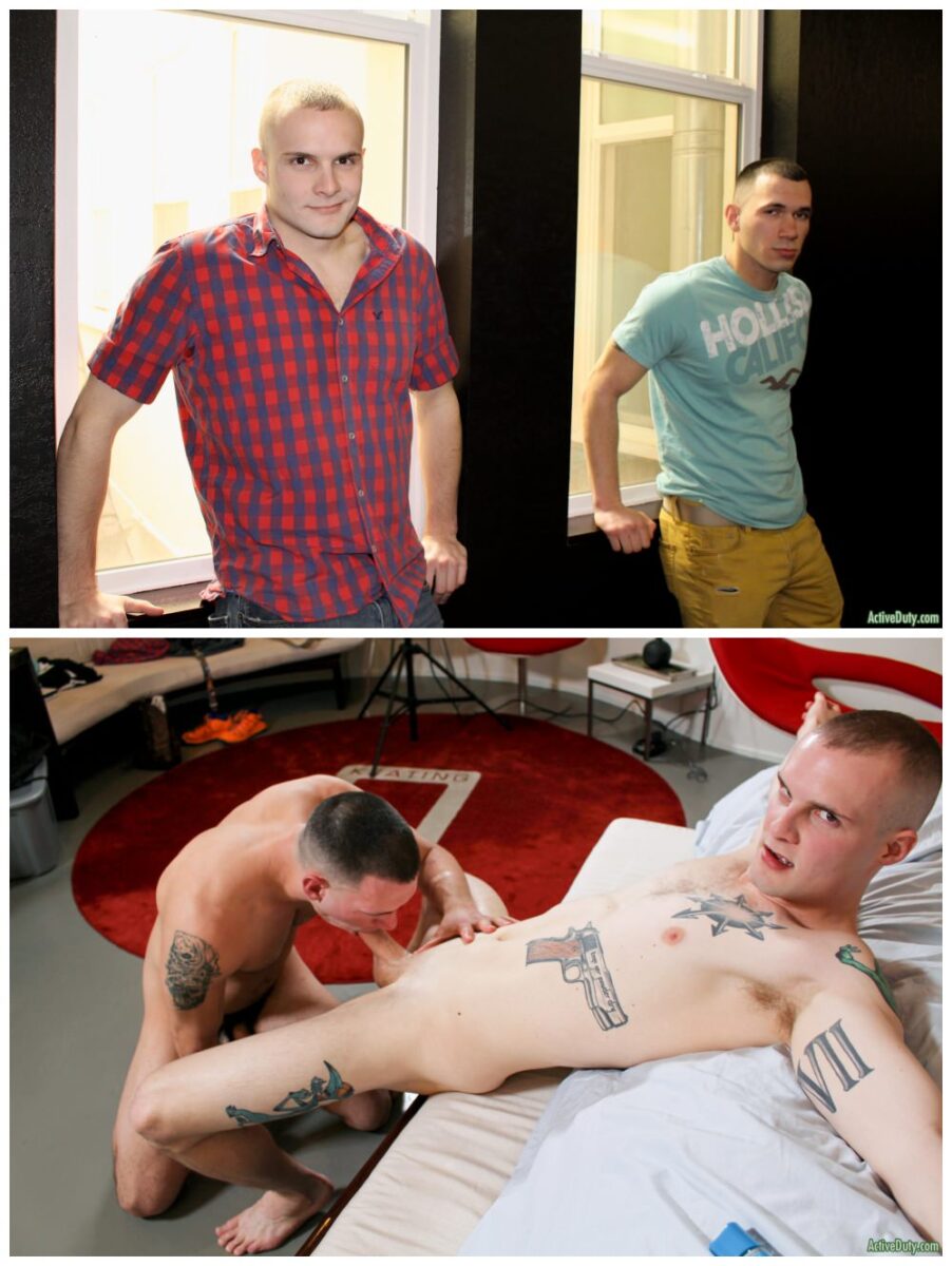 Horny inked jocks fuck raw, tattooed studs Cotlton Phobos and Nico flip-flop bareback, Active Duty xxx free gay porn video & pics.2
