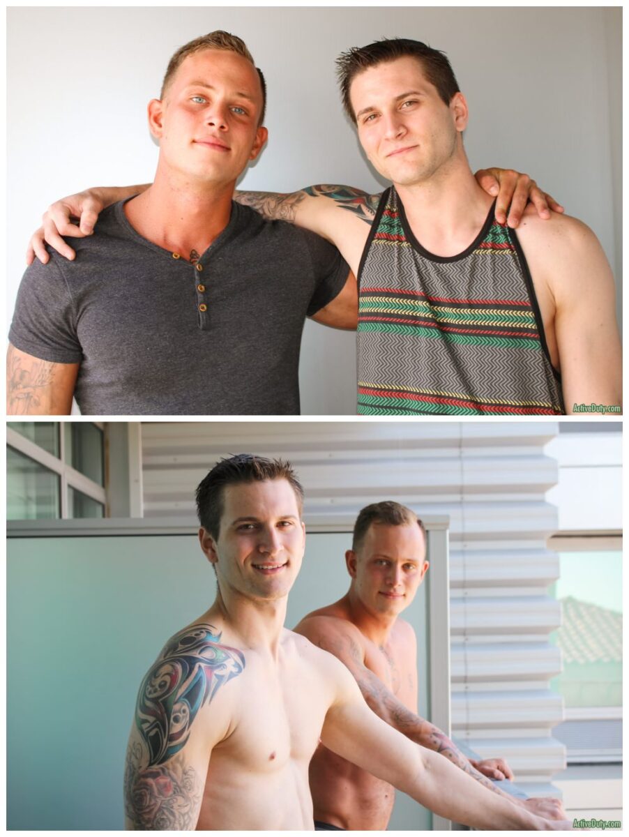Zach Matthews and Allen Lucas fuck bareback, raw anal sex inked jocks, Active Duty xxx free gay porn.2